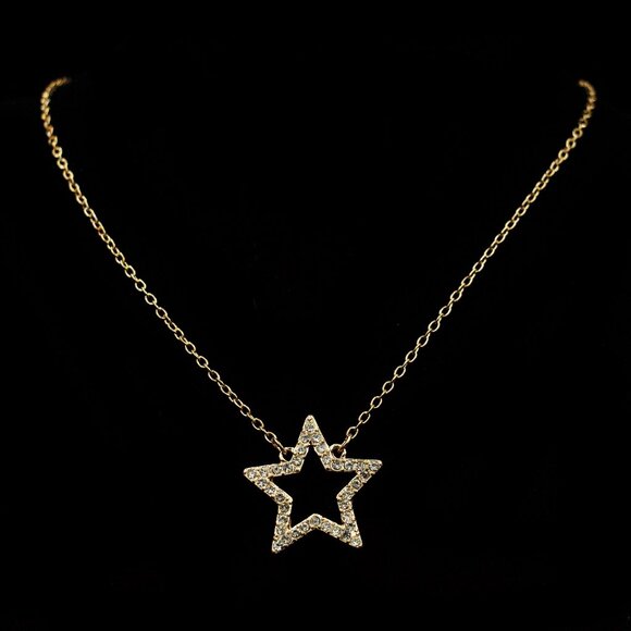 GUESS GLASS CRYSTAL RHINESTONE LINED GOLD TONE STAR NECKLACE - JNCSSL1 - Picture 1 of 4